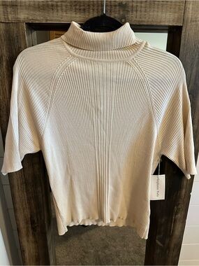 Stephanie Parks Silk Cotton Rib Knit Mock Turtleneck Top Ivory XL Short Sleeve